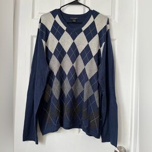 Banana Republic Men's Blue Argyle Diamond V Neck Silk Cashmere Sweater Size XL